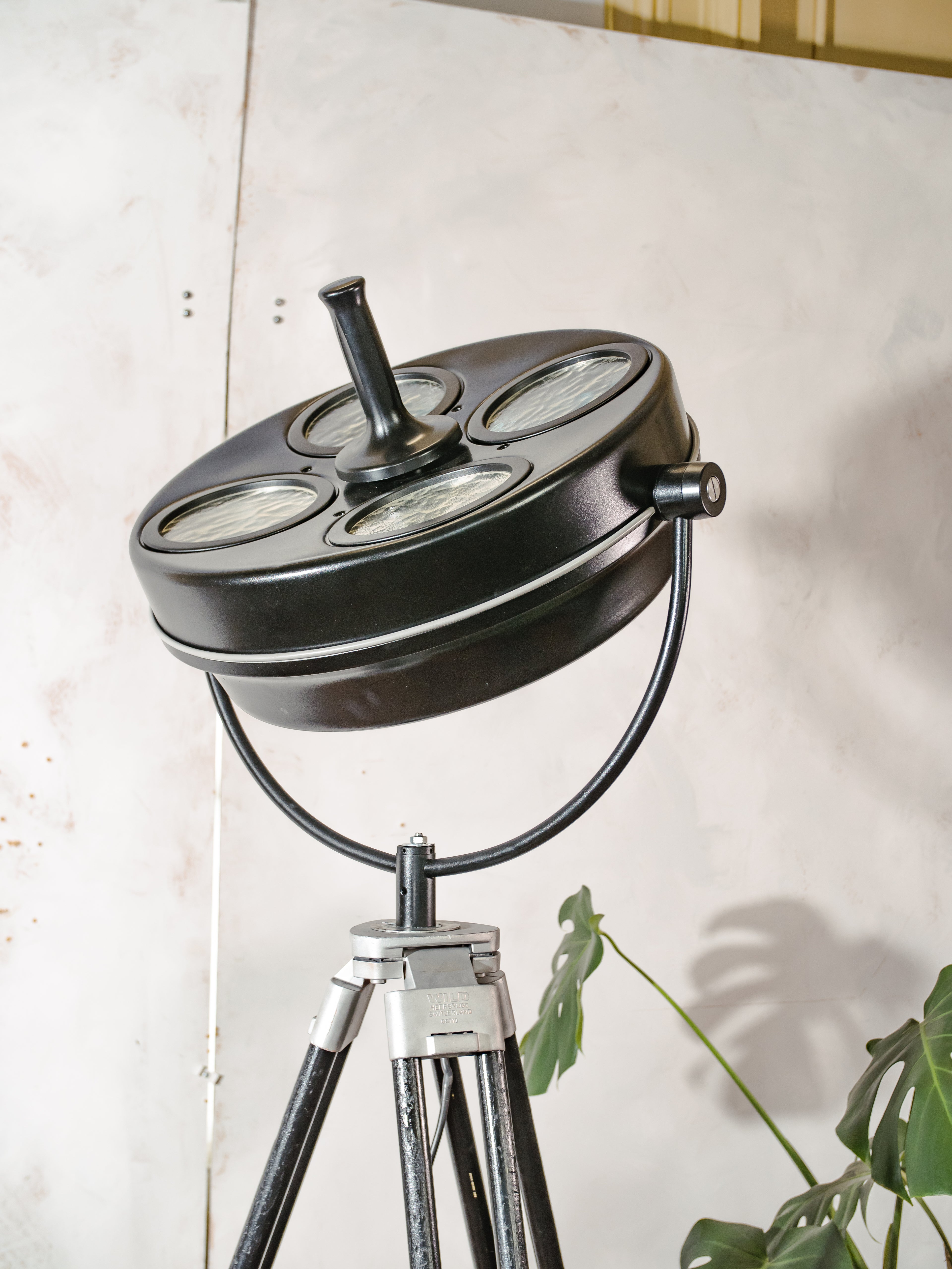 Upcycled Hanau Surgical Lamp Floor Light, Vintage Industrial Spotlight on Surveyors Tripod, 1960s Adjustable Retro Medical Design Lighting