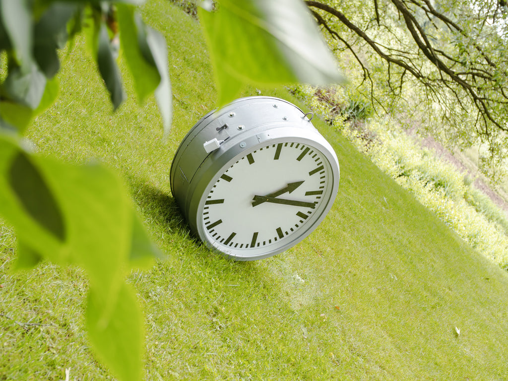 1950s Gray Station Clock Double sided Light-up by RFT, Vintage Rundfunk und Fermelde Technik, Diameter Ø75 CM, LED + Quartz converted