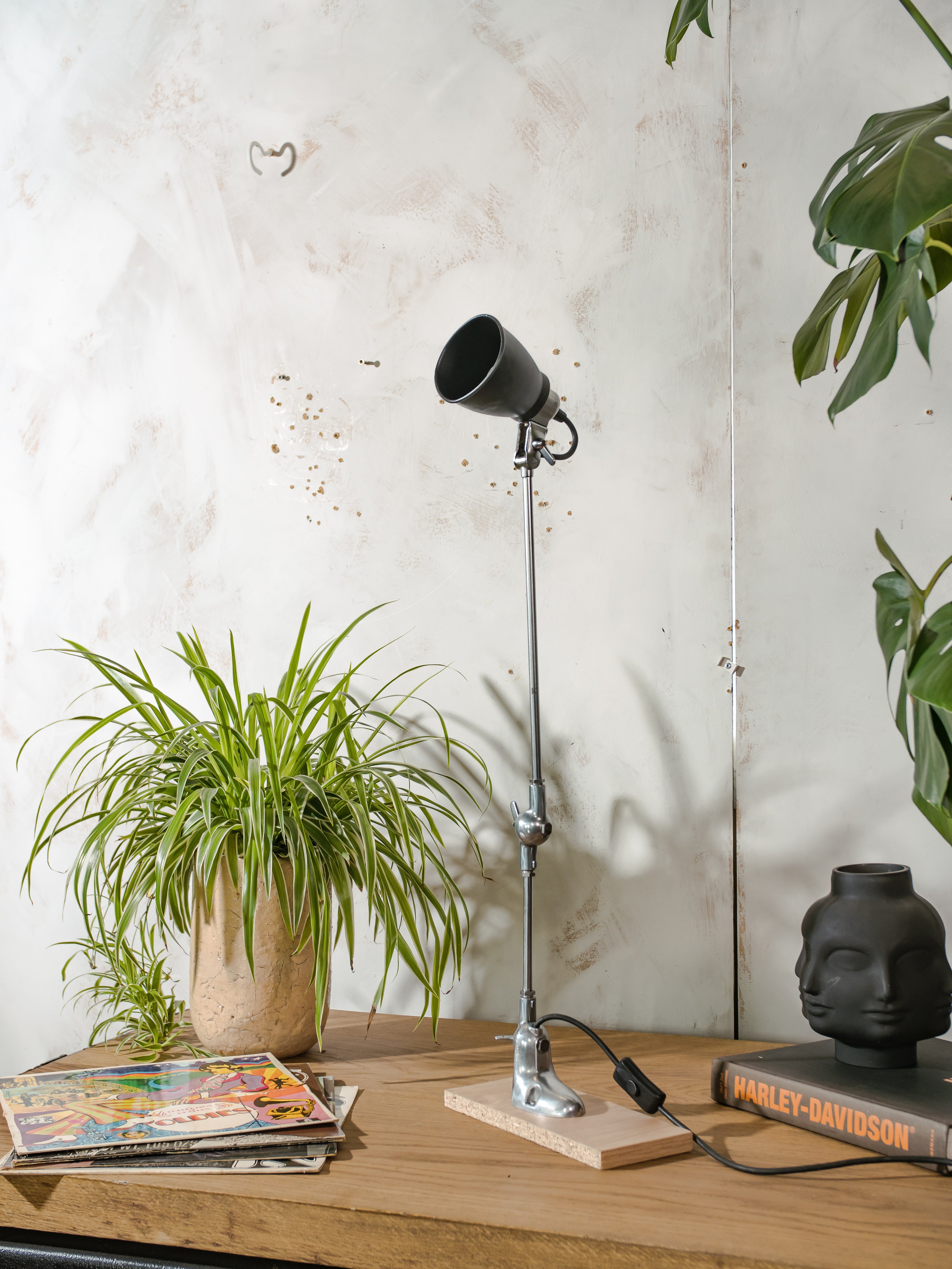 1950s PFAFF Industrial Sewing Machine Lamp, Polished 2 arm Workshop Desk lamp, Repurposed Task Lamp with black shade, Articulated Lighting