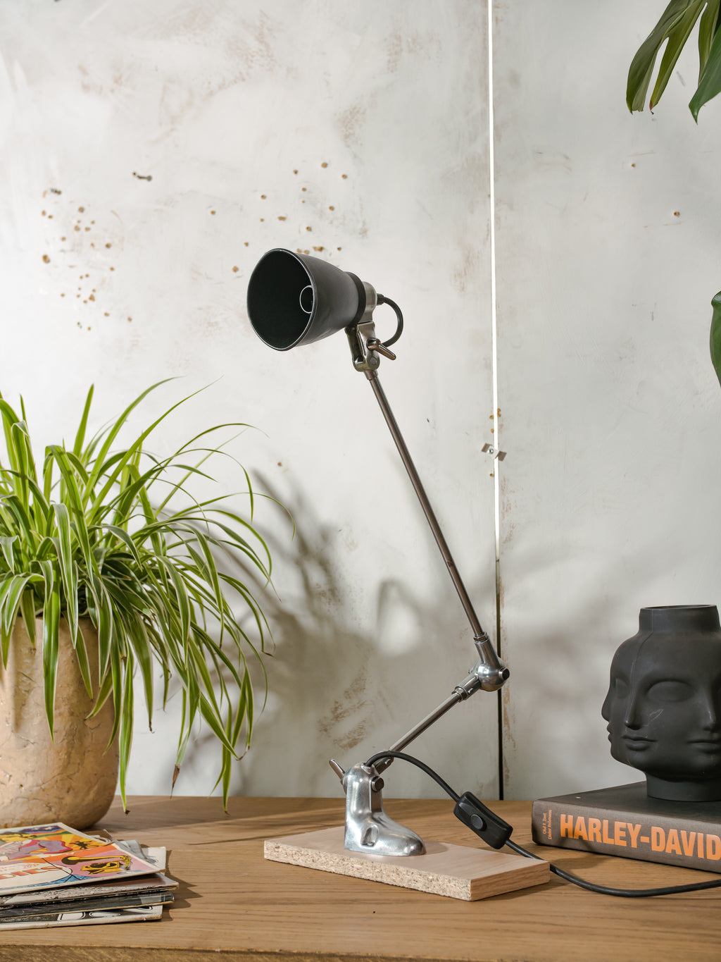 1950s PFAFF Industrial Sewing Machine Lamp, Polished 2 arm Workshop Desk lamp, Repurposed Task Lamp with black shade, Articulated Lighting