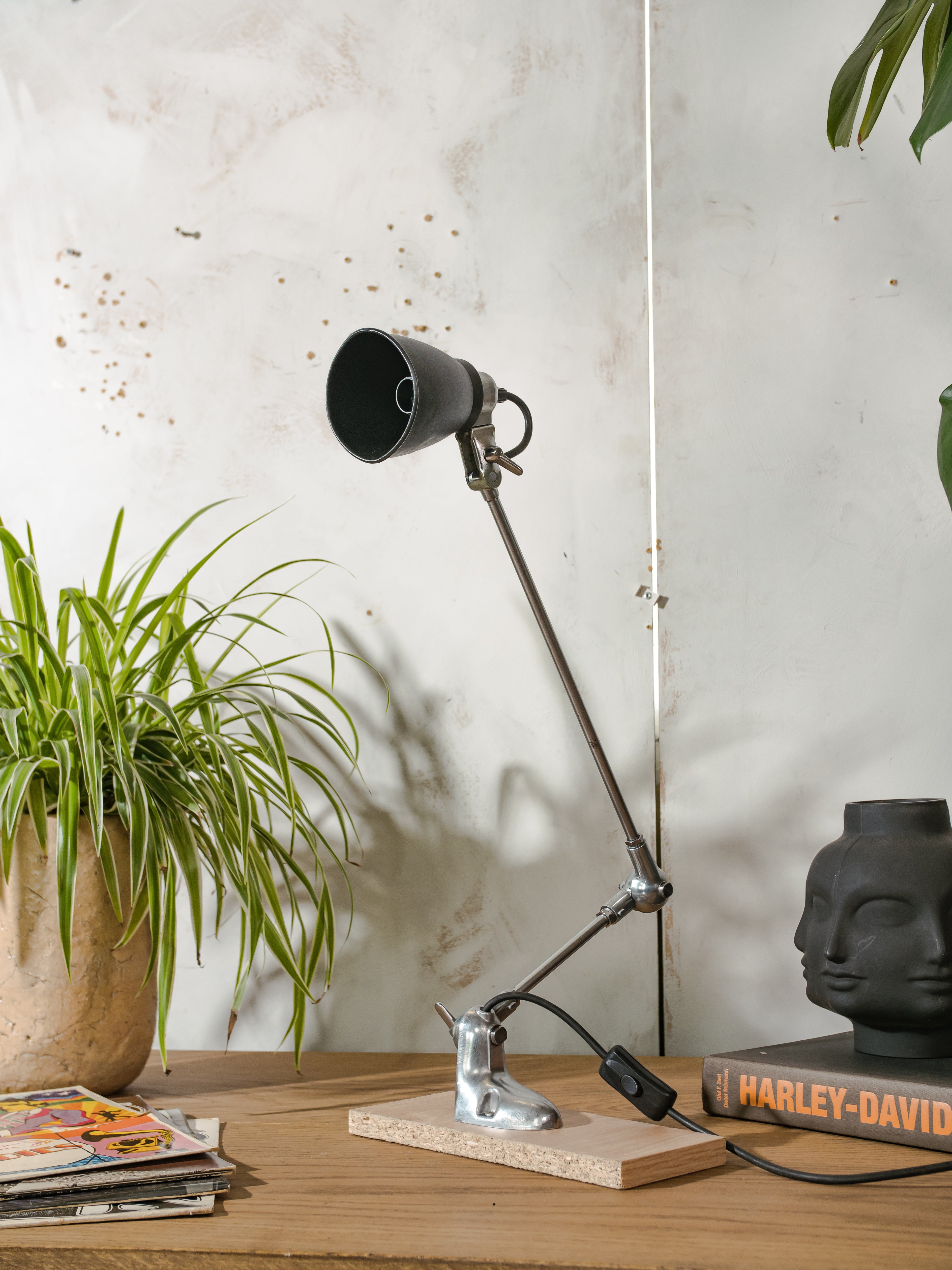 1950s PFAFF Industrial Sewing Machine Lamp, Polished 2 arm Workshop Desk lamp, Repurposed Task Lamp with black shade, Articulated Lighting