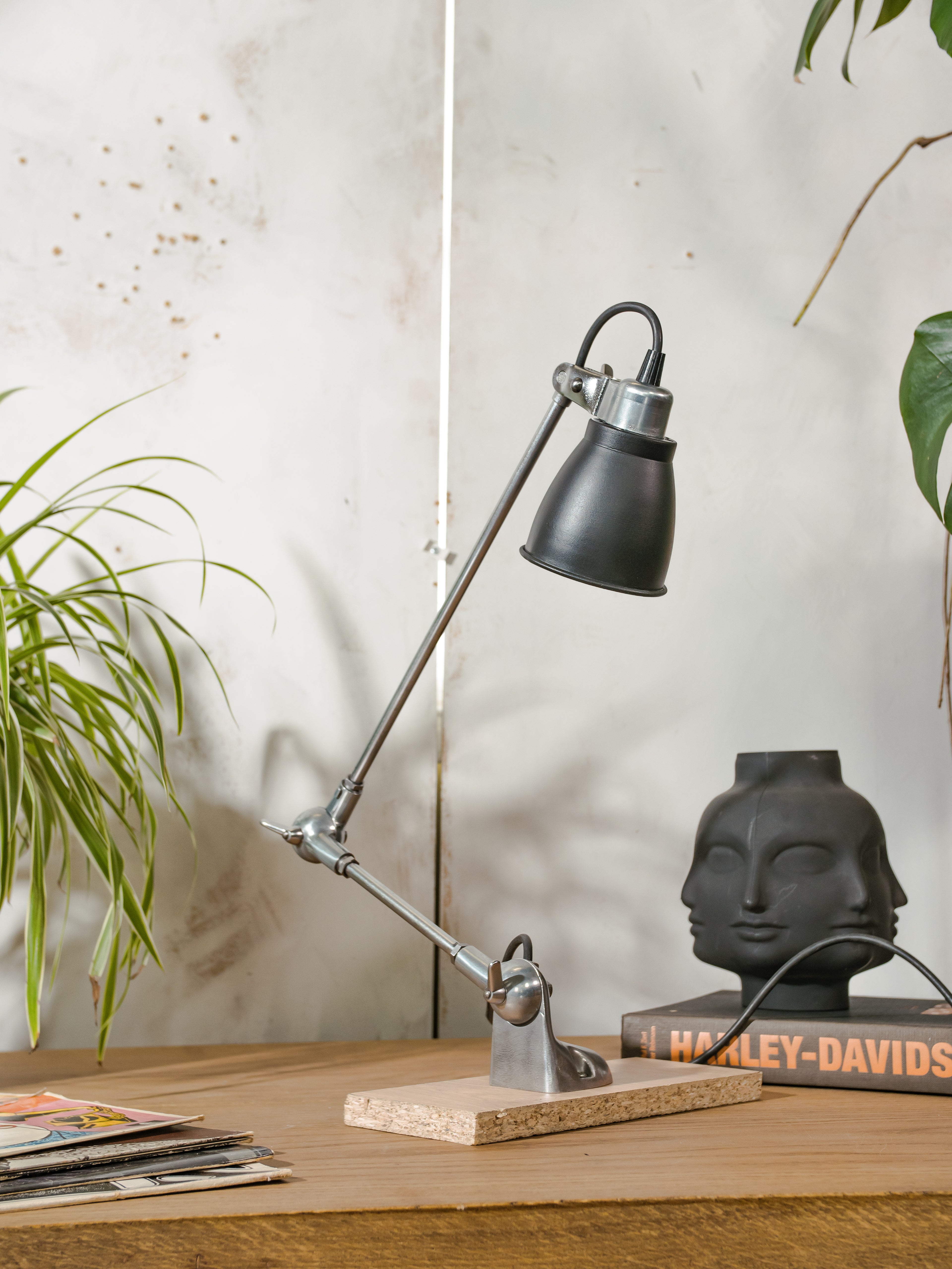 1950s PFAFF Industrial Sewing Machine Lamp, Polished 2 arm Workshop Desk lamp, Repurposed Task Lamp with black shade, Articulated Lighting