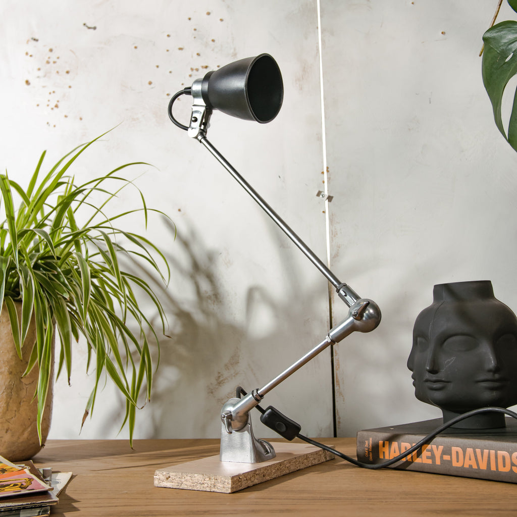 1950s PFAFF Industrial Sewing Machine Lamp, Polished 2 arm Workshop Desk lamp, Repurposed Task Lamp with black shade, Articulated Lighting