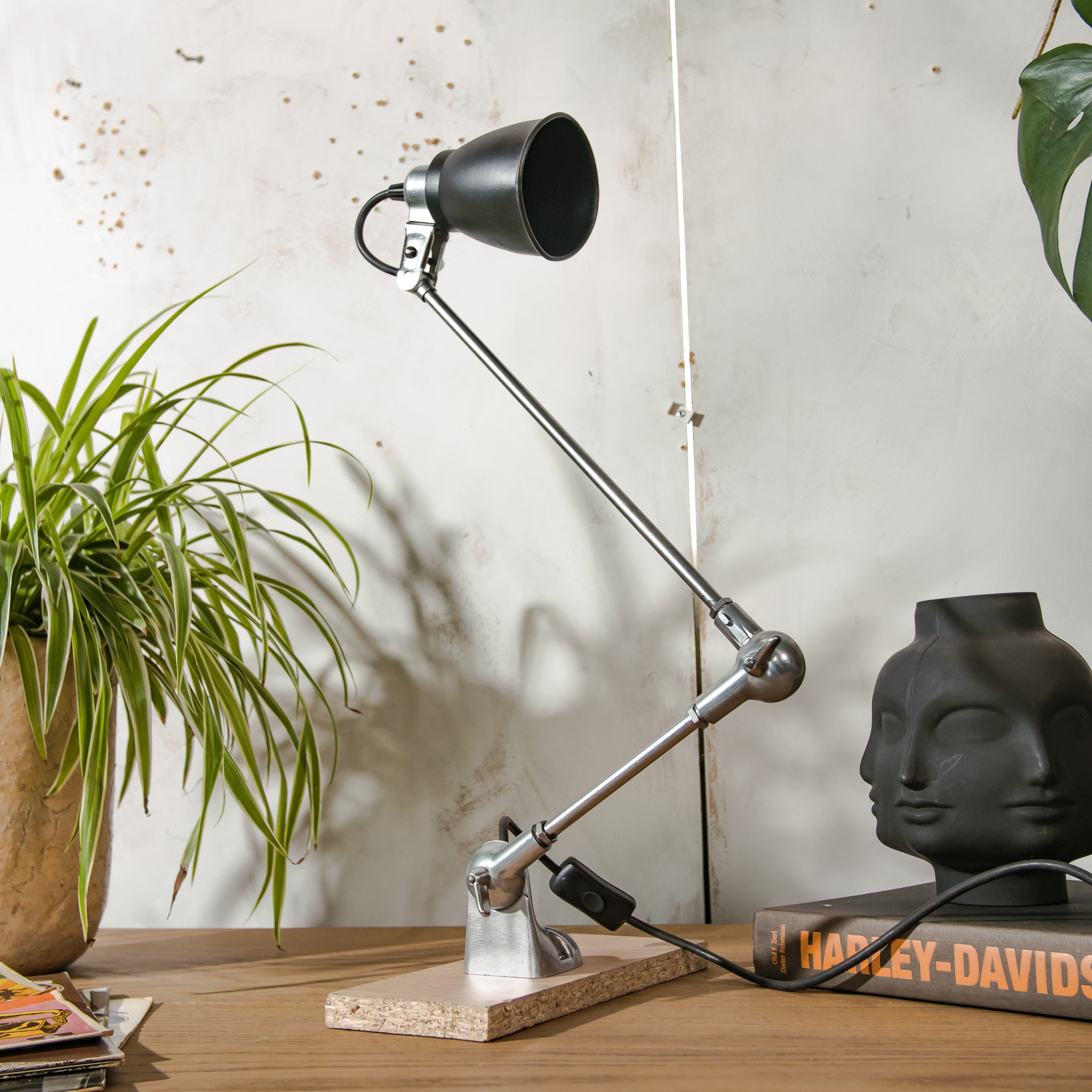 1950s PFAFF Industrial Sewing Machine Lamp, Polished 2 arm Workshop Desk lamp, Repurposed Task Lamp with black shade, Articulated Lighting