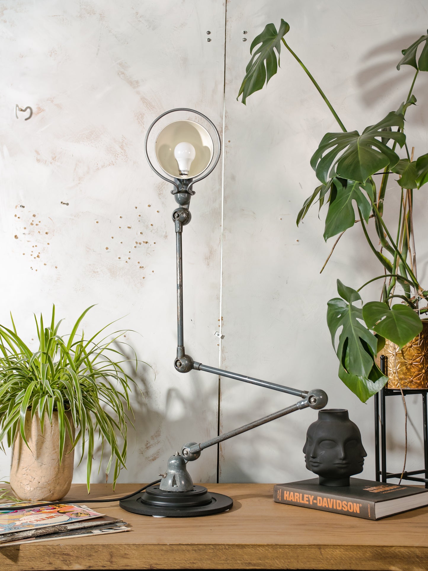 Vintage Gray Blue Jielde Industrial Table Lamp with 3 Adjustable Arms on Brake disc, 1950s Jieldé French Design by Jean-Louis Domecq