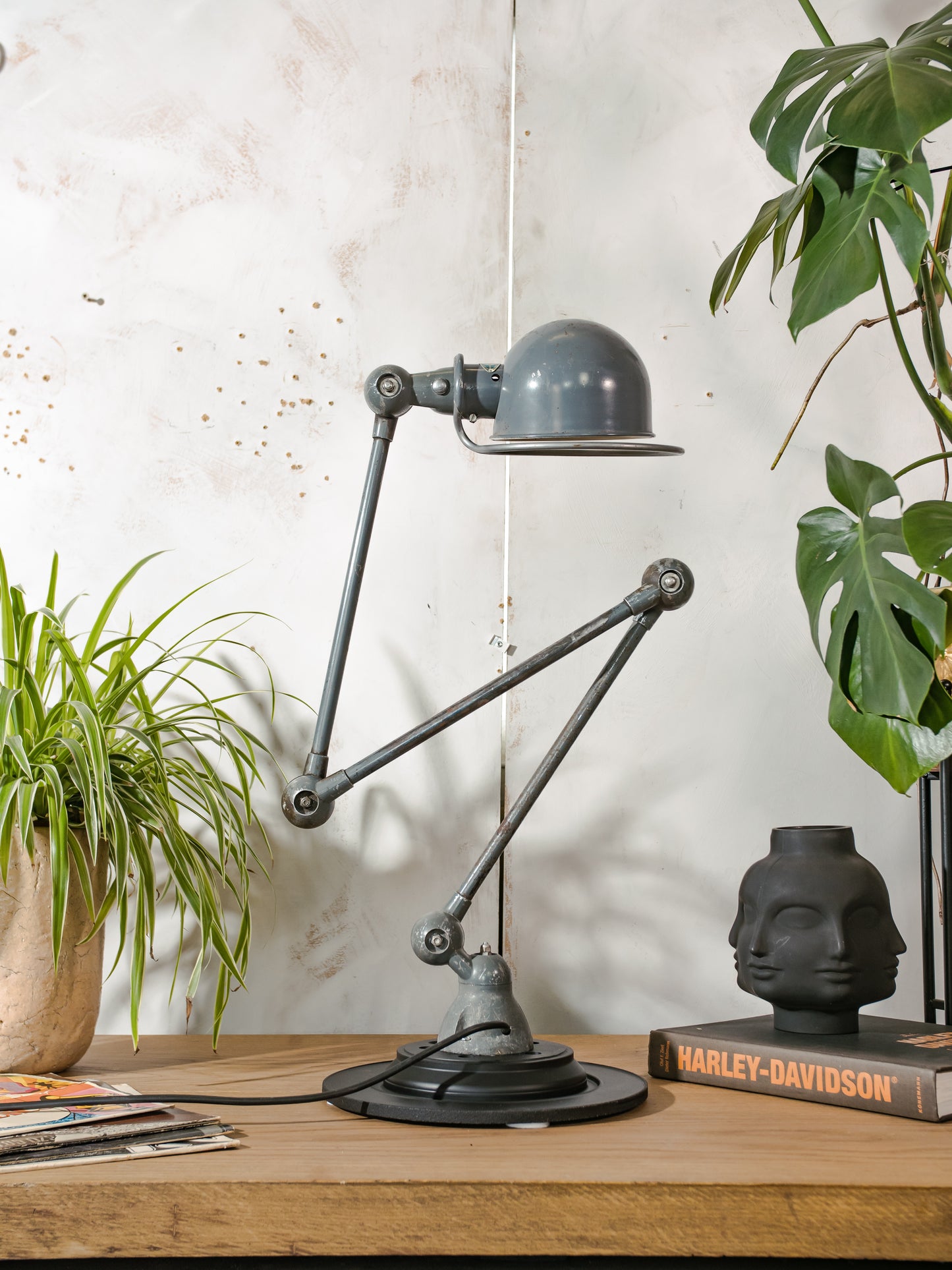 Vintage Gray Blue Jielde Industrial Table Lamp with 3 Adjustable Arms on Brake disc, 1950s Jieldé French Design by Jean-Louis Domecq
