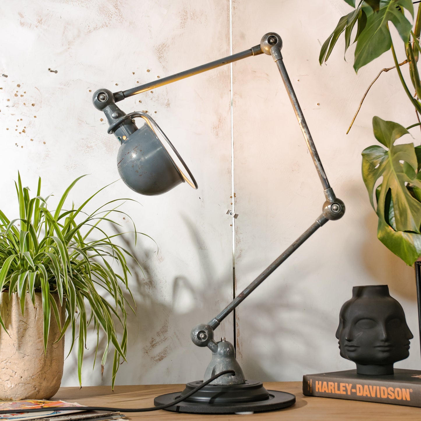 Vintage Gray Blue Jielde Industrial Table Lamp with 3 Adjustable Arms on Brake disc, 1950s Jieldé French Design by Jean-Louis Domecq