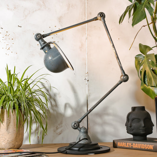 Vintage Gray Blue Jielde Industrial Table Lamp with 3 Adjustable Arms on Brake disc, 1950s Jieldé French Design by Jean-Louis Domecq