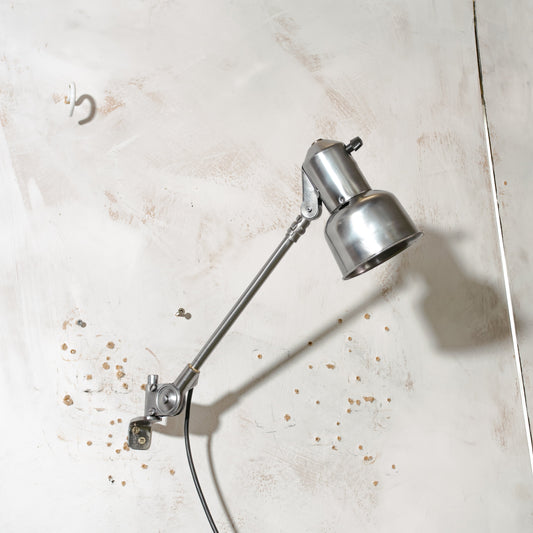 Vintage SIS Leuchten Wall Lamp, Polished Swing Arm 1950s, Silver Factory Machine drawing lamp
