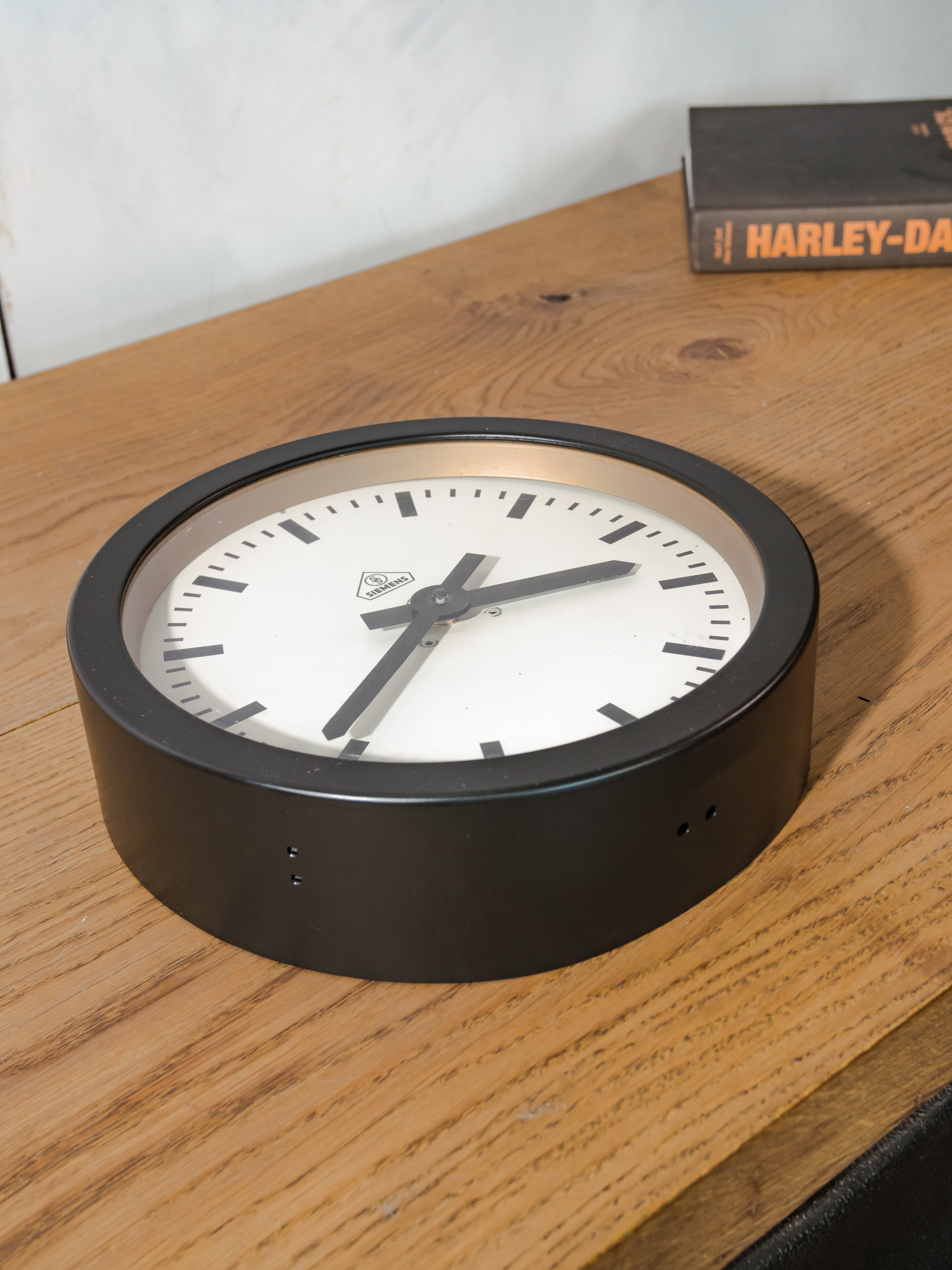 1930s Small Station Clock by Siemens, Ø30 CM, Satin Black Industrial Factory Clock, Converted to Quartz mechanism