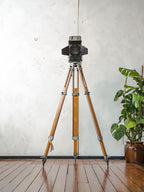 Vintage Green 1960s Strand Electric Patt 45 Theatre light on a wooden Surveying Tripod, Industrial Floor lamp, Retro Stagelight