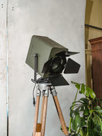 Vintage Green 1960s Strand Electric Patt 45 Theatre light on a wooden Surveying Tripod, Industrial Floor lamp, Retro Stagelight