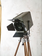 Vintage Green 1960s Strand Electric Patt 45 Theatre light on a wooden Surveying Tripod, Industrial Floor lamp, Retro Stagelight