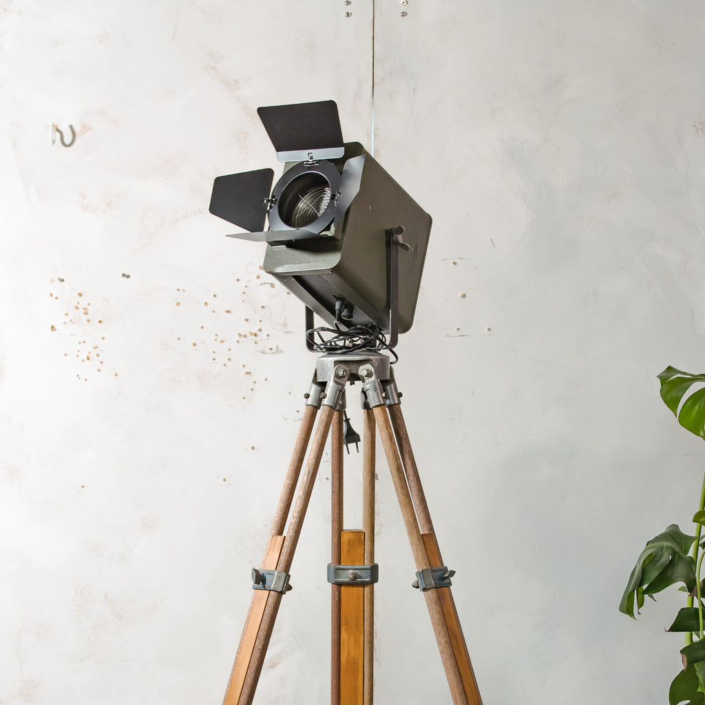 Vintage Green 1960s Strand Electric Patt 45 Theatre light on a wooden Surveying Tripod, Industrial Floor lamp, Retro Stagelight