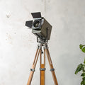 Vintage Green 1960s Strand Electric Patt 45 Theatre light on a wooden Surveying Tripod, Industrial Floor lamp, Retro Stagelight
