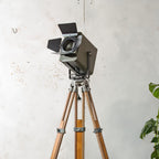 Vintage Green 1960s Strand Electric Patt 45 Theatre light on a wooden Surveying Tripod, Industrial Floor lamp, Retro Stagelight