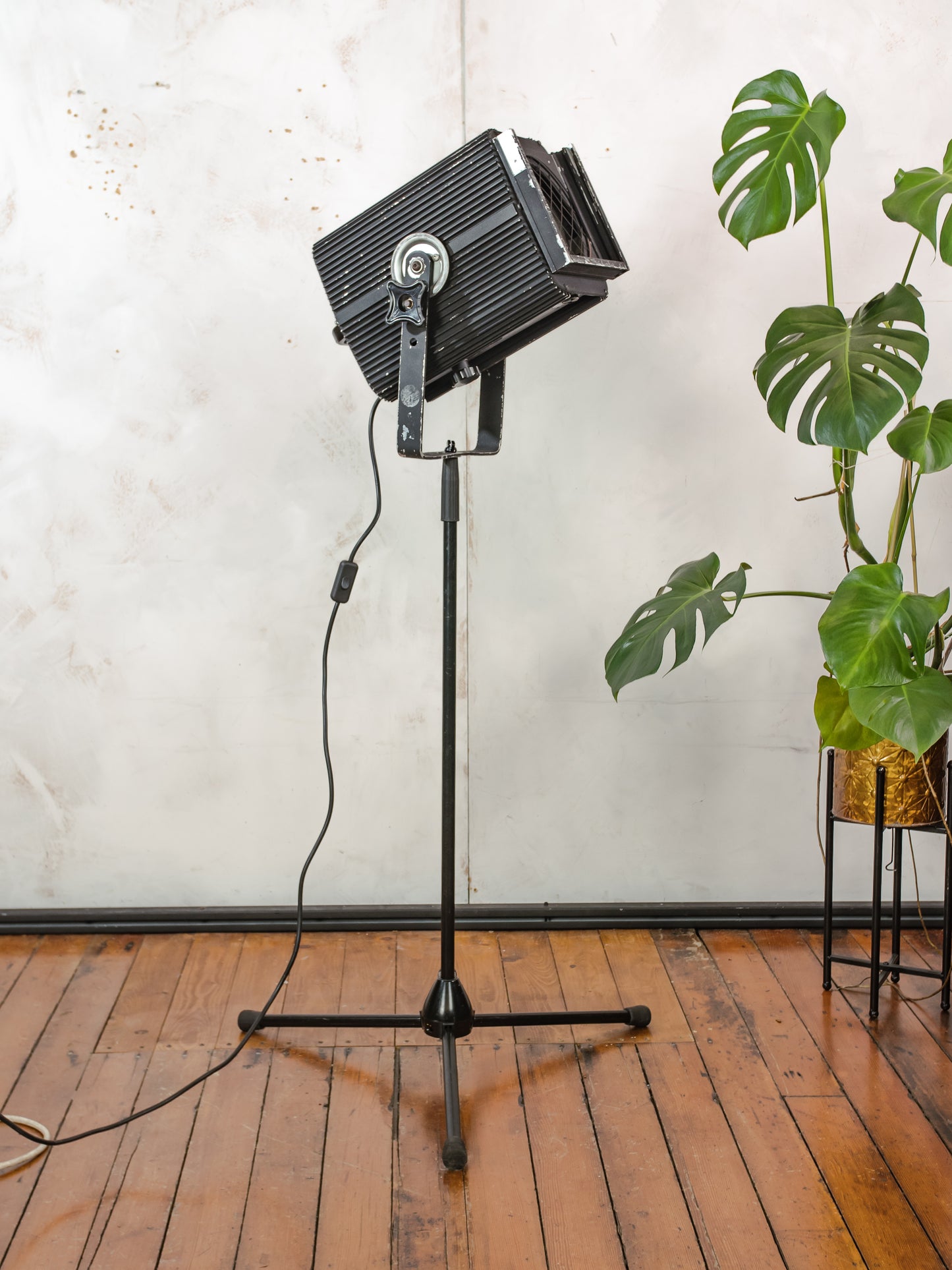 Vintage CCT Theatre Light on Adjustable Tripod, Black Upcycled Industrial Floor lamp 1980s