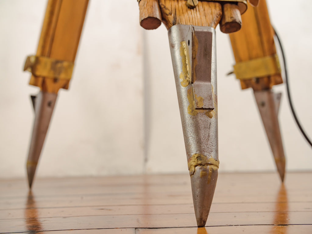 1930s Hewitt Universal Antique Hollywood Film Spotlight Floor Lamp Wooden Surveyors Tripod, Polished Theatre Projector, Collectors Item