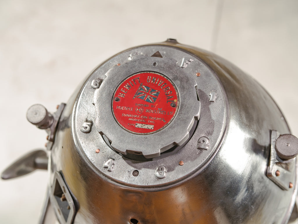 1930s Hewitt Universal Antique Hollywood Film Spotlight Floor Lamp Wooden Surveyors Tripod, Polished Theatre Projector, Collectors Item