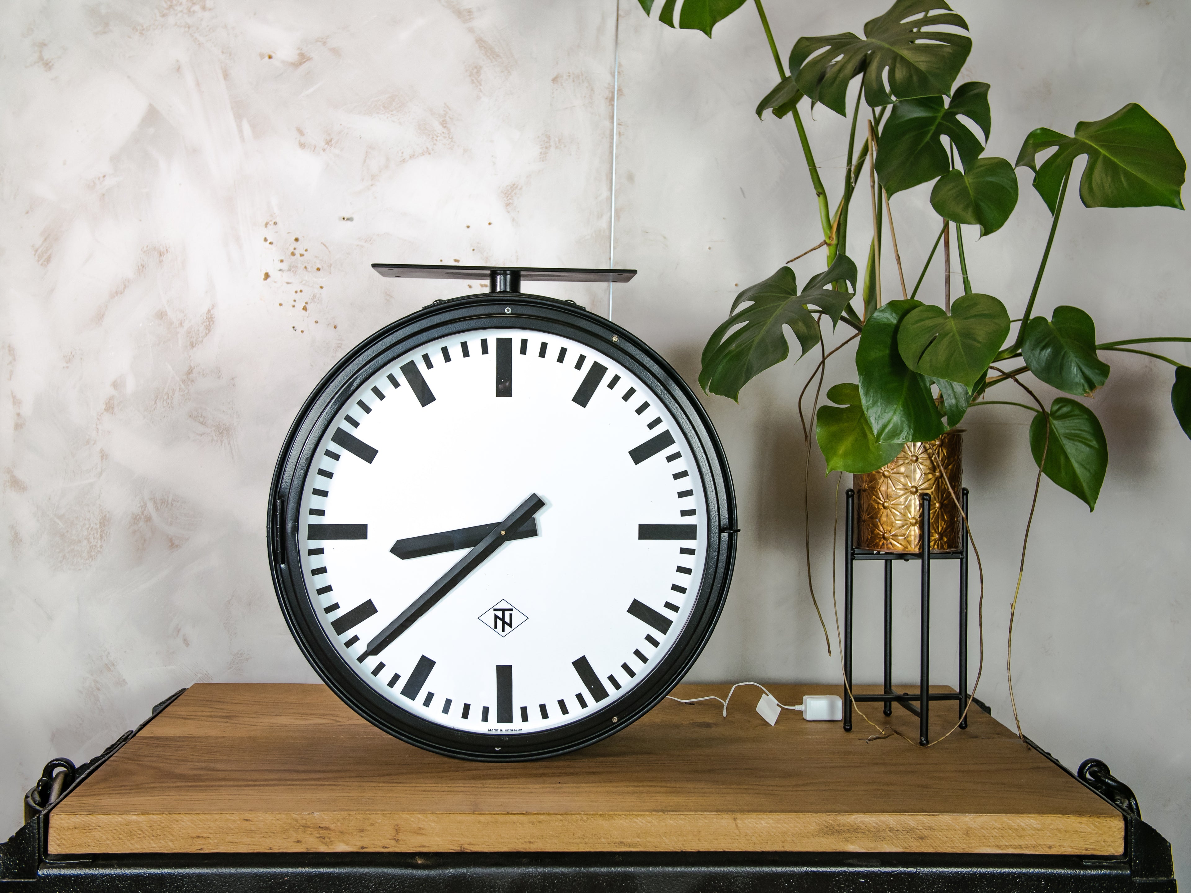 Large Double sided TN Light up Station Clock 1950s, Vintage Telenorma Two Faced Clock Diameter 70 CM, LED and Quartz converted, Satin Black