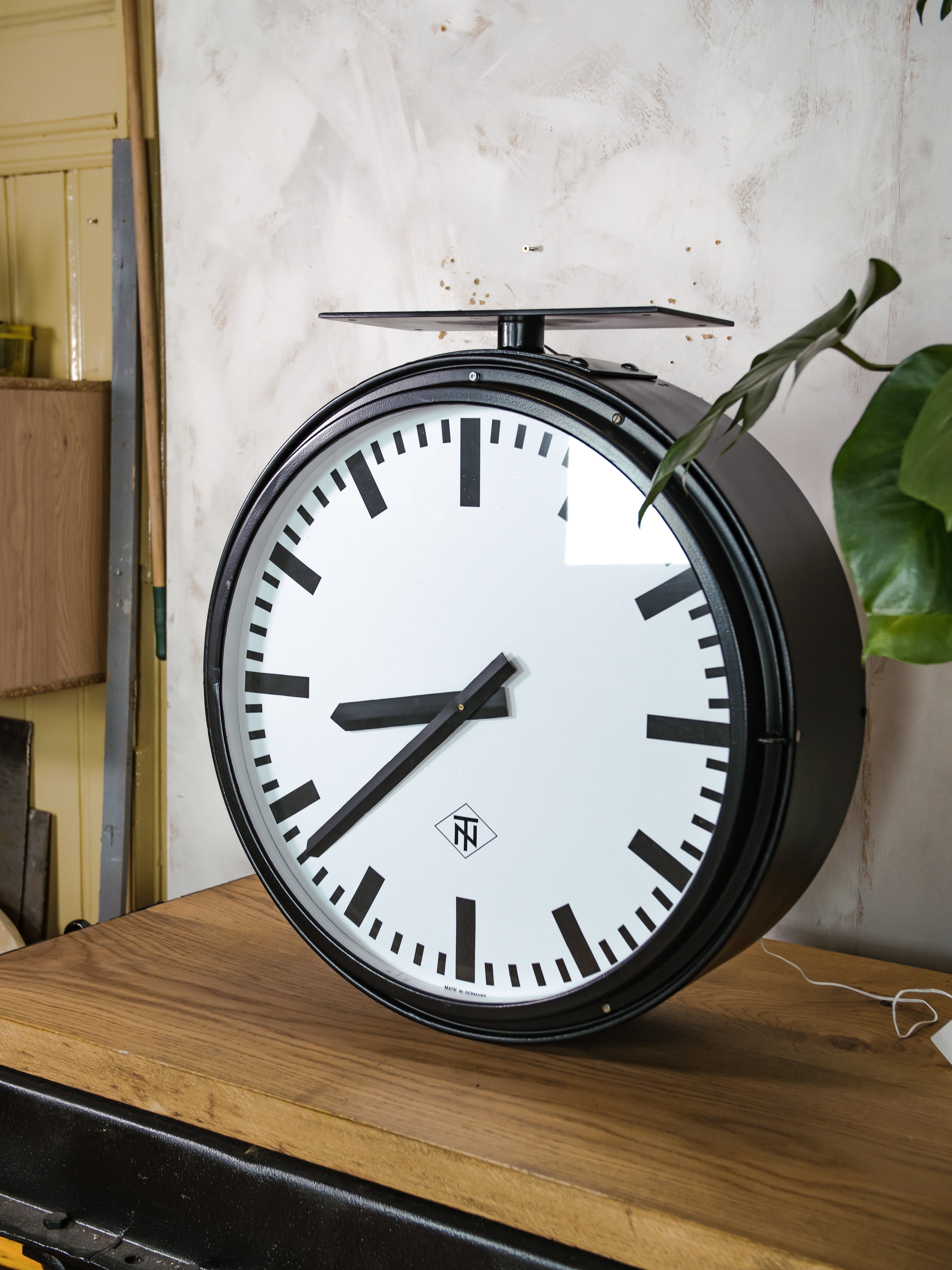 Large Double sided TN Light up Station Clock 1950s, Vintage Telenorma Two Faced Clock Diameter 70 CM, LED and Quartz converted, Satin Black