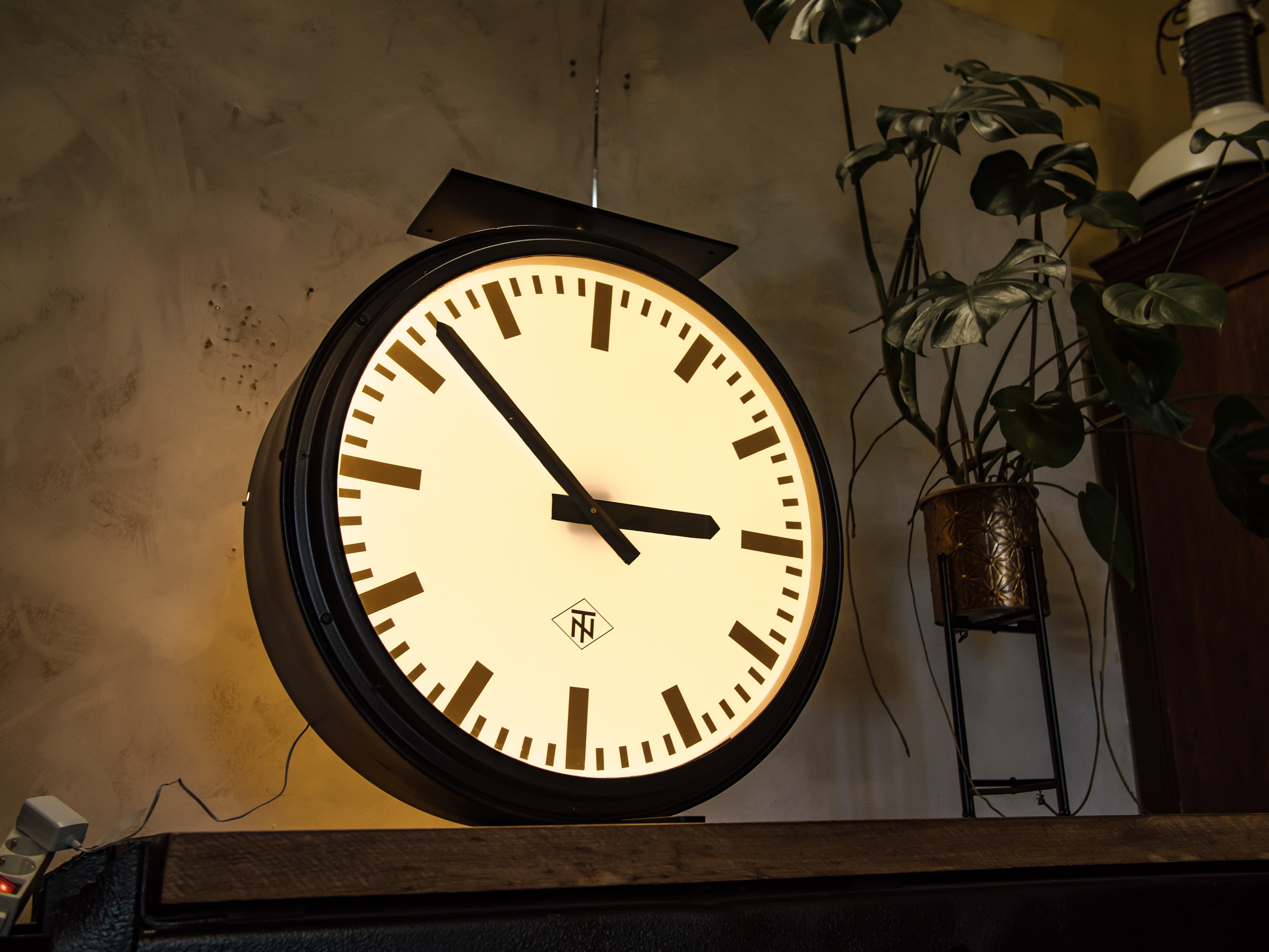 Large Double sided TN Light up Station Clock 1950s, Vintage Telenorma Two Faced Clock Diameter 70 CM, LED and Quartz converted, Satin Black