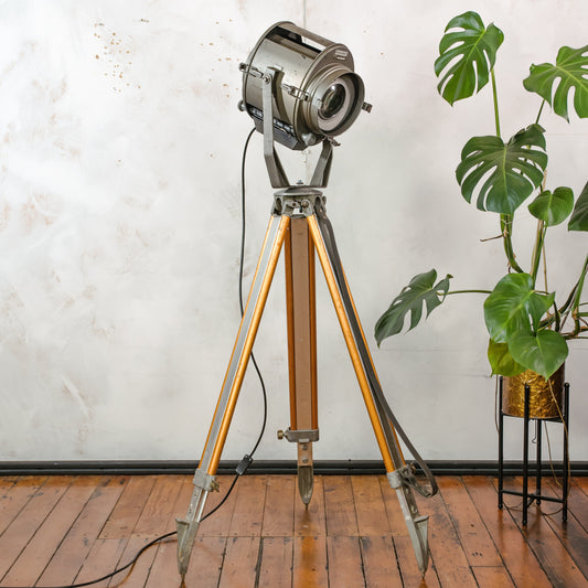 Vintage 1960s Industrial Floor lamp, ADB Belgium Theater Spotlight, Retro Stage Light on Adjustable Surveying Tripod