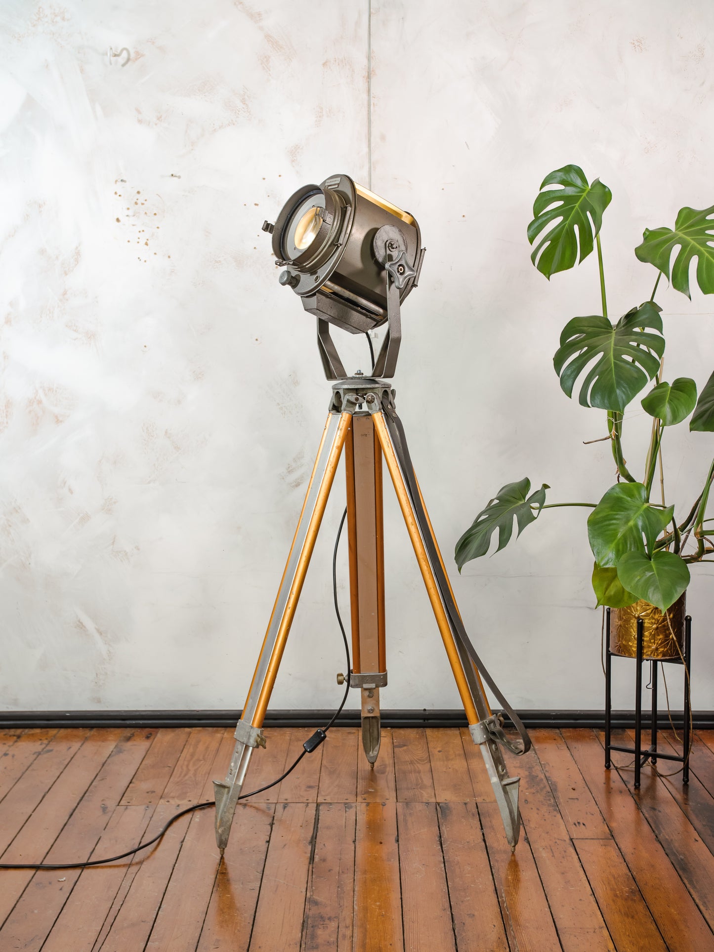 Vintage 1960s Industrial Floor lamp, ADB Belgium Theater Spotlight, Retro Stage Light on Adjustable Surveying Tripod