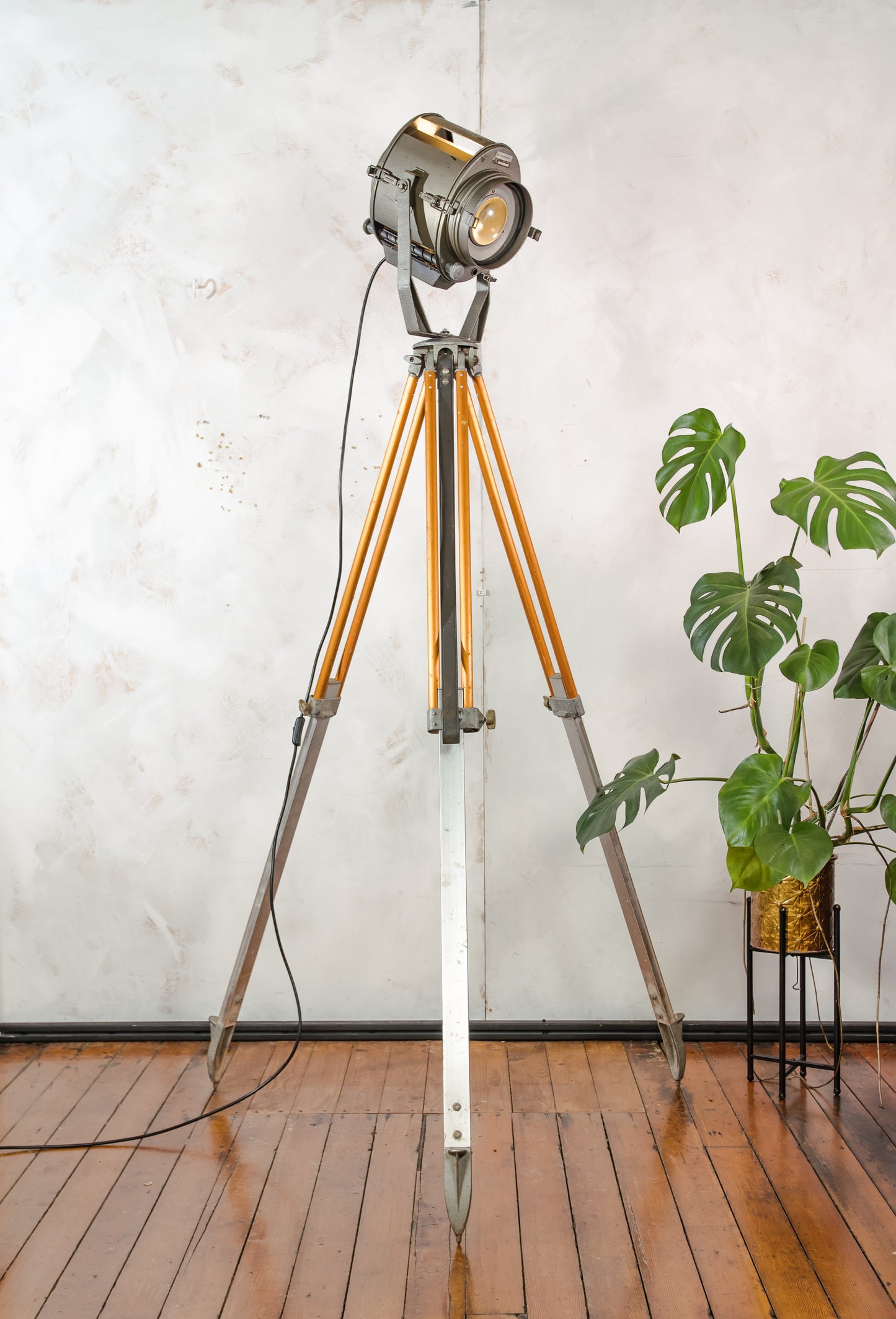 Vintage 1960s Industrial Floor lamp, ADB Belgium Theater Spotlight, Retro Stage Light on Adjustable Surveying Tripod