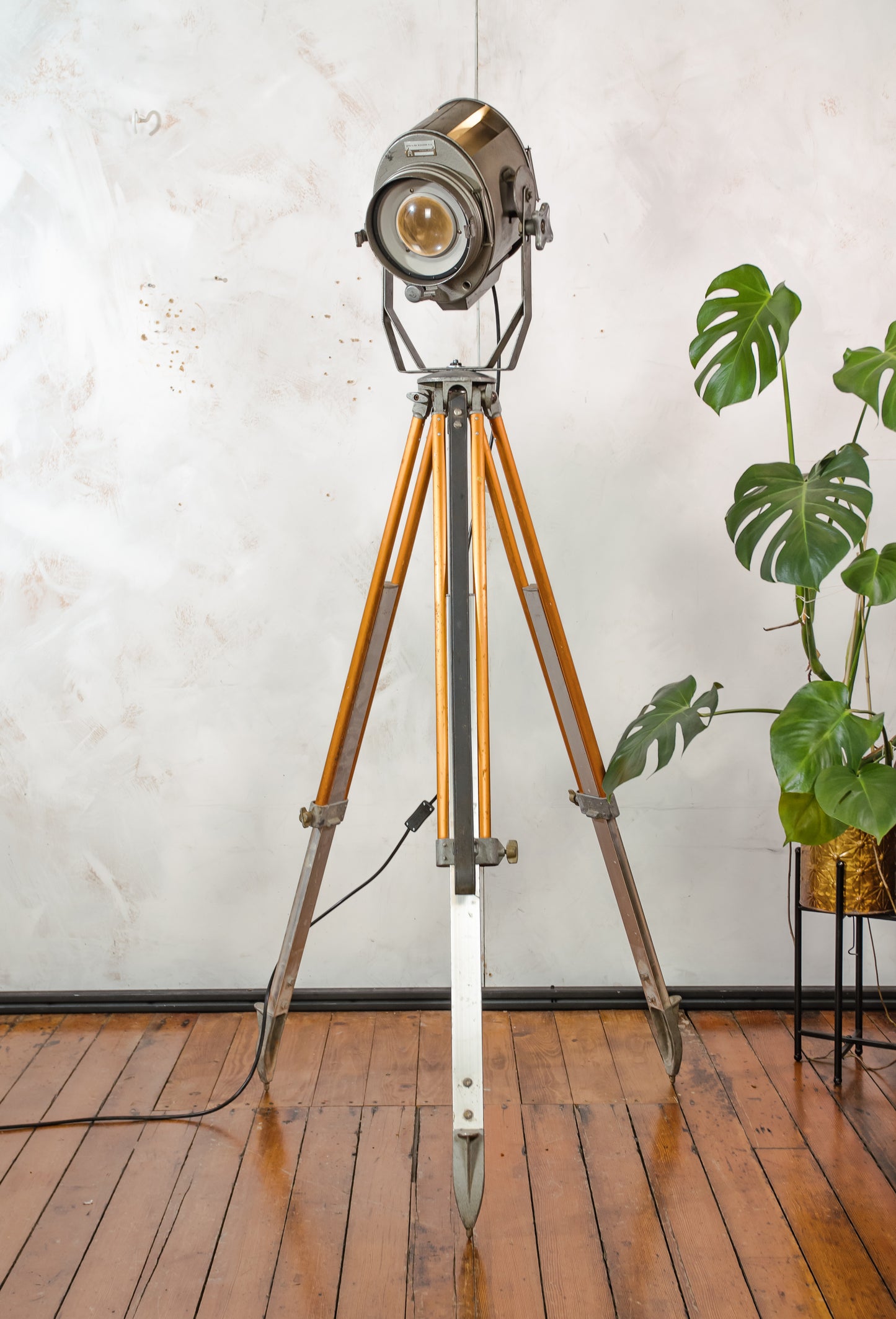 Vintage 1960s Industrial Floor lamp, ADB Belgium Theater Spotlight, Retro Stage Light on Adjustable Surveying Tripod