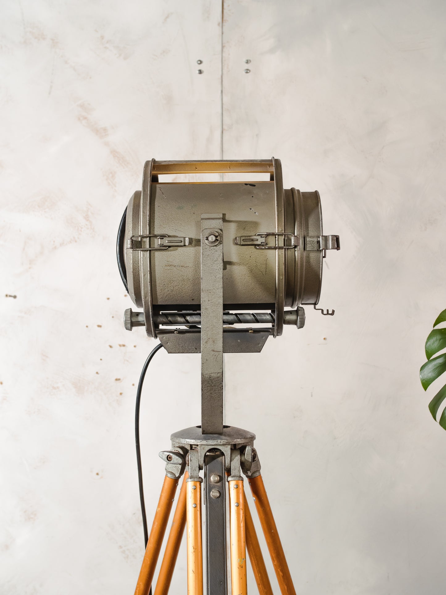 Vintage 1960s Industrial Floor lamp, ADB Belgium Theater Spotlight, Retro Stage Light on Adjustable Surveying Tripod