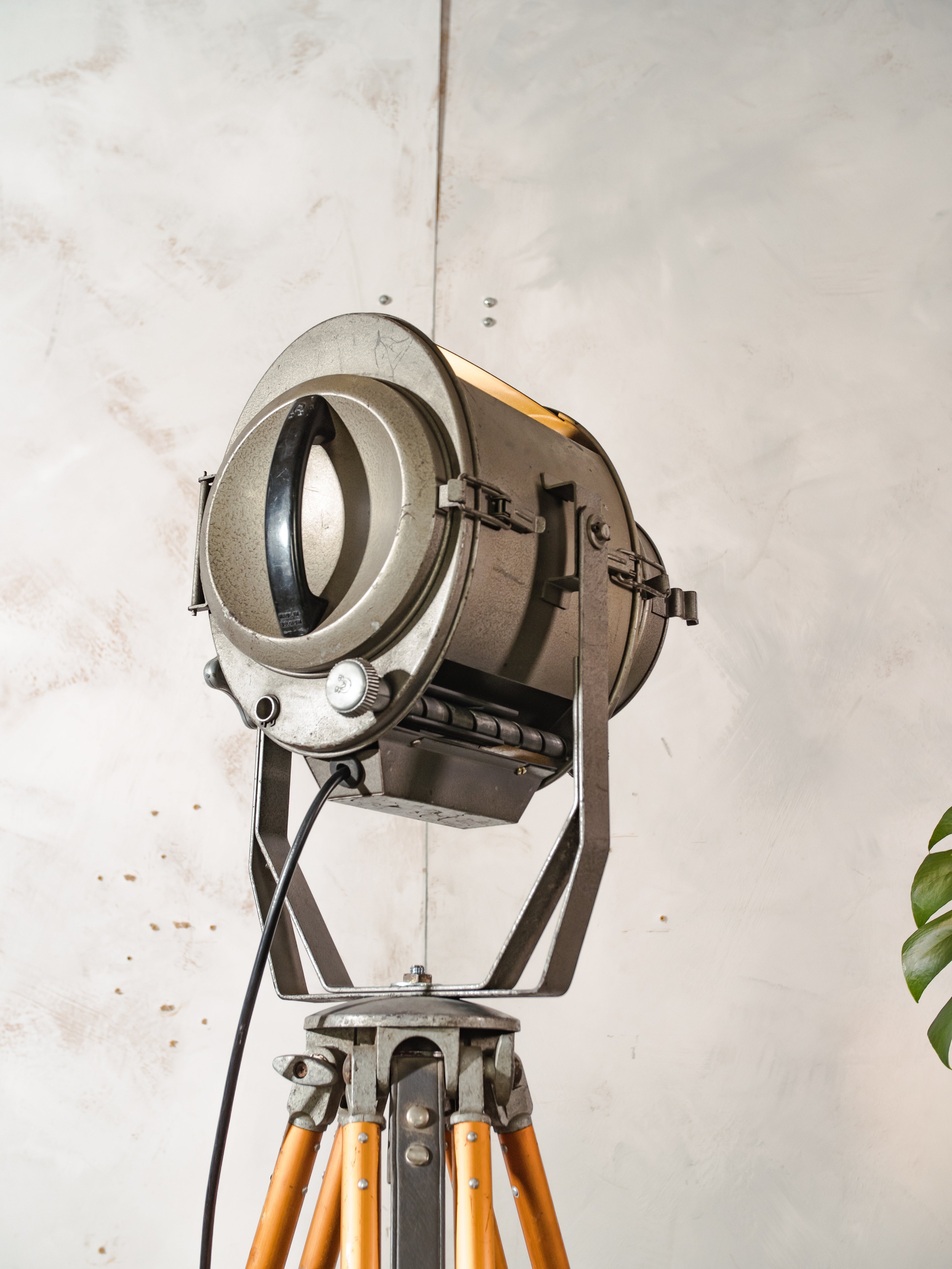 Vintage 1960s Industrial Floor lamp, ADB Belgium Theater Spotlight, Retro Stage Light on Adjustable Surveying Tripod