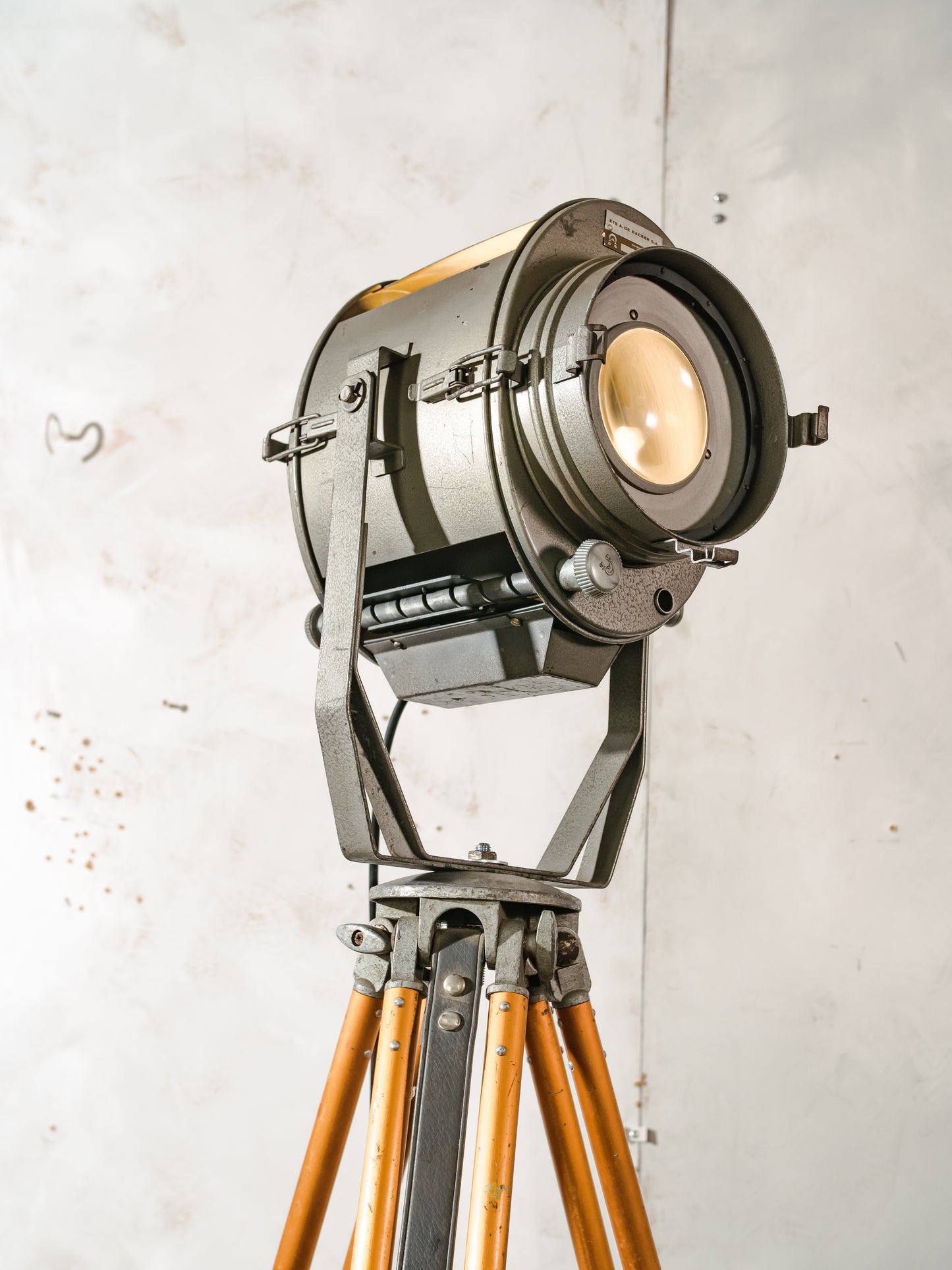 Vintage 1960s Industrial Floor lamp, ADB Belgium Theater Spotlight, Retro Stage Light on Adjustable Surveying Tripod