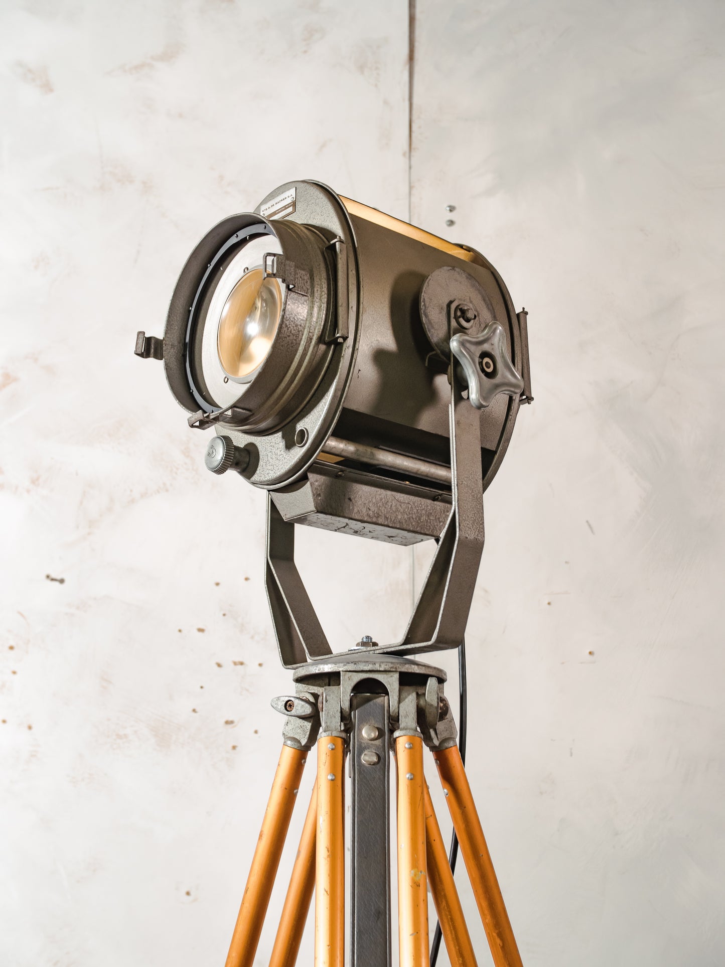 Vintage 1960s Industrial Floor lamp, ADB Belgium Theater Spotlight, Retro Stage Light on Adjustable Surveying Tripod