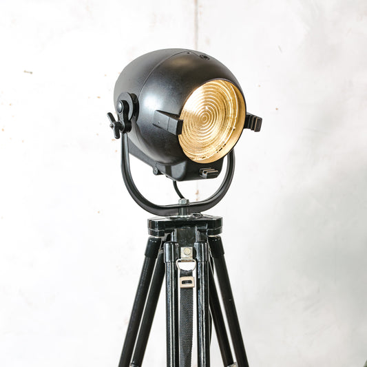 Vintage Strand Electric Patt 123 Spotlight on Wooden Surveyors Tripod, Restored 1950s Black Theater Floor Lamp, The Egg by Morgan McLeod