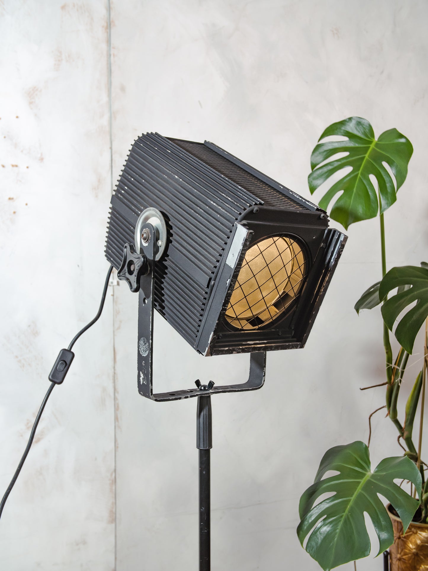 Vintage CCT Theatre Light on Adjustable Tripod, Black Upcycled Industrial Floor lamp 1980s