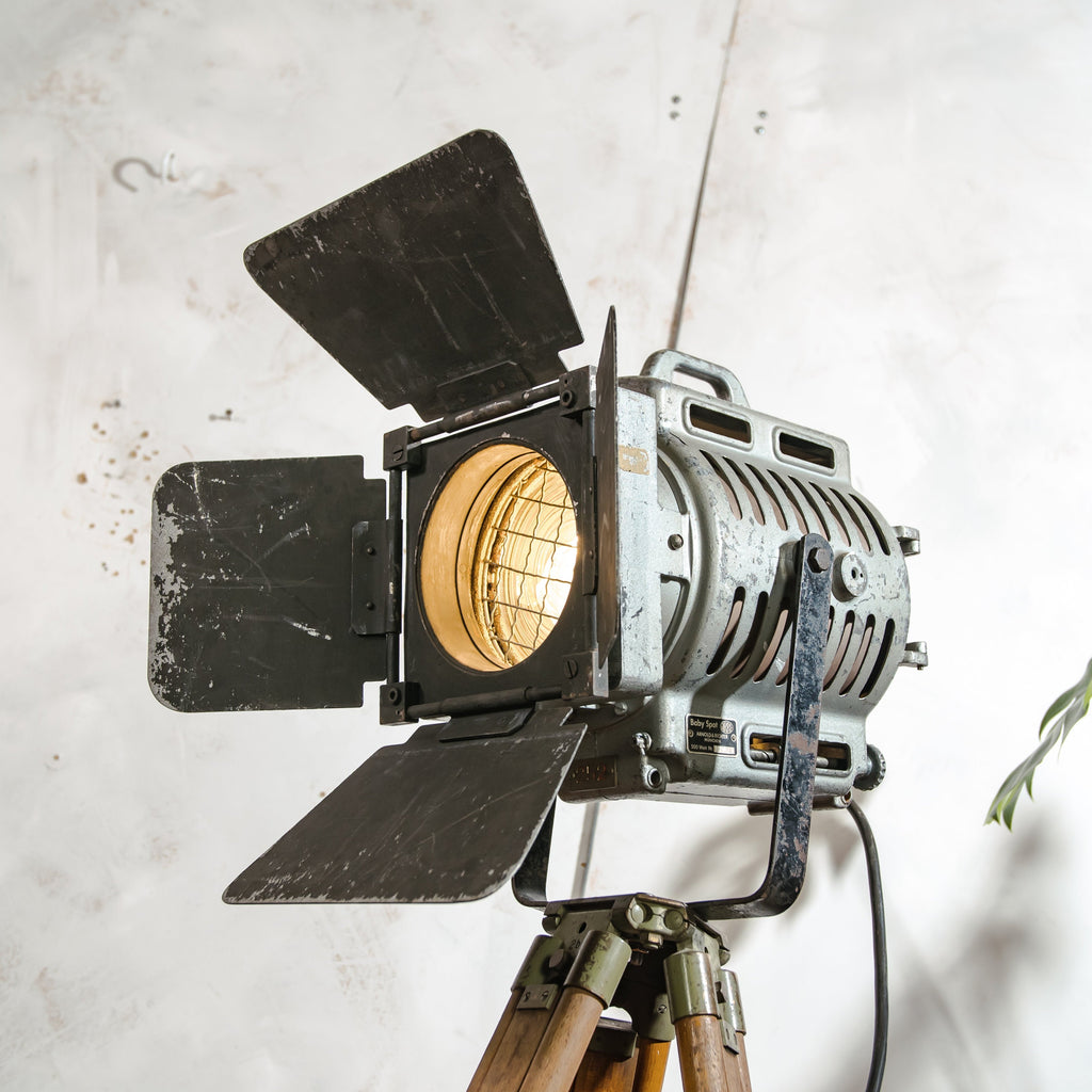 1950s Film Spotlight by ARRI, Arnold & Richter with Barndoors, Vintage Video lighting on Surveying Tripod, Patina Floor lamp