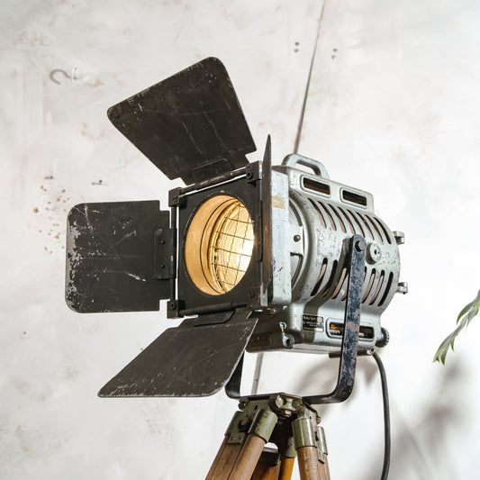 1950s Film Spotlight by ARRI, Arnold & Richter with Barndoors, Vintage Video lighting on Surveying Tripod, Patina Floor lamp