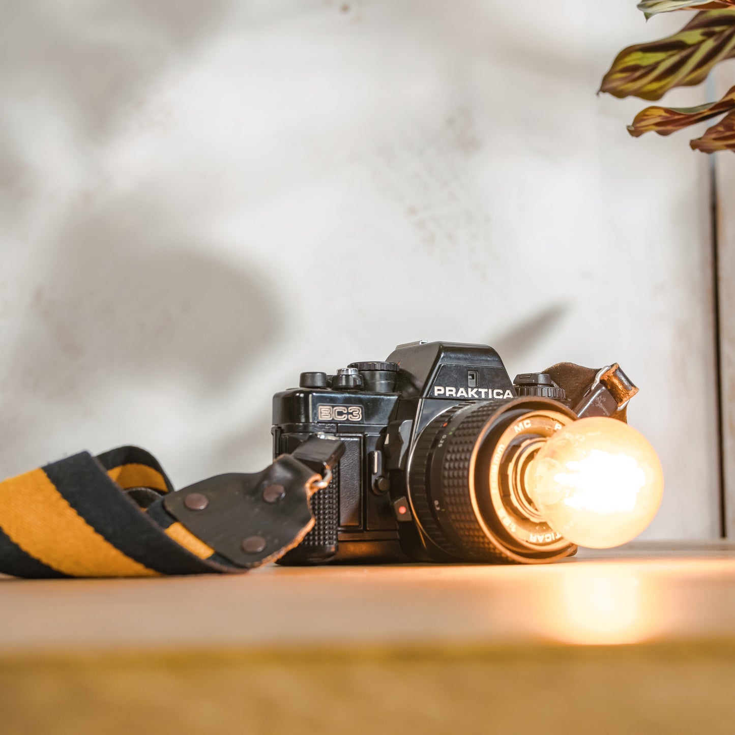 Vintage SLR Camera Desk Lamp, Upcycled Praktica BC3 with Adjustable Strap & LED Bulb Compatibility, Usable as Table lamp and Wall lamp