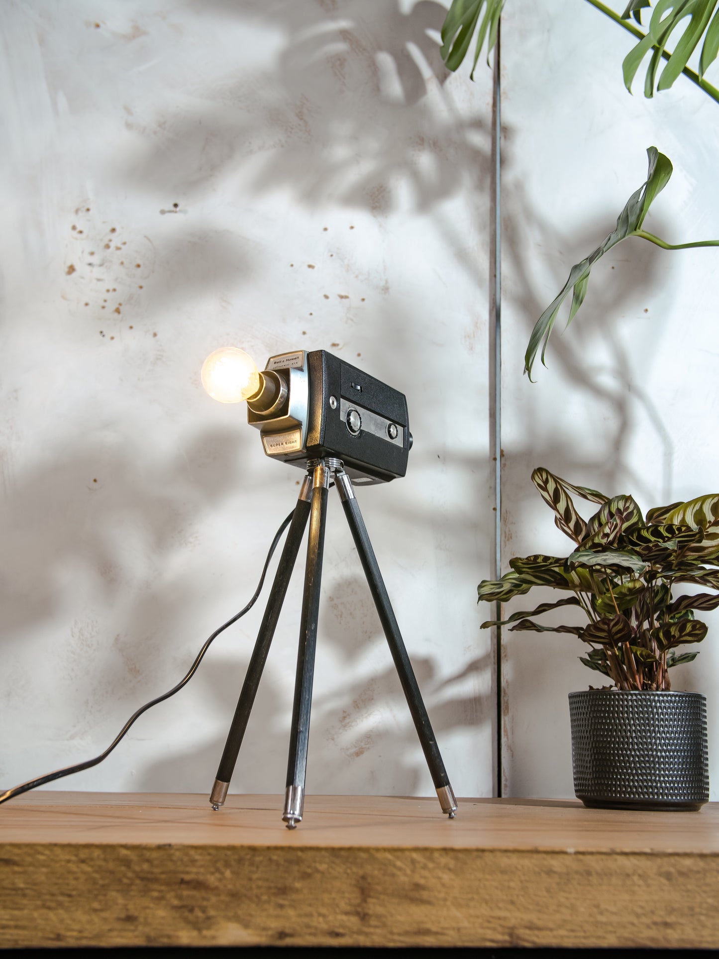 Vintage Bell & Howell Super 8 Film Camera Desk lamp, Upcycled Table lighting on antique Tripod