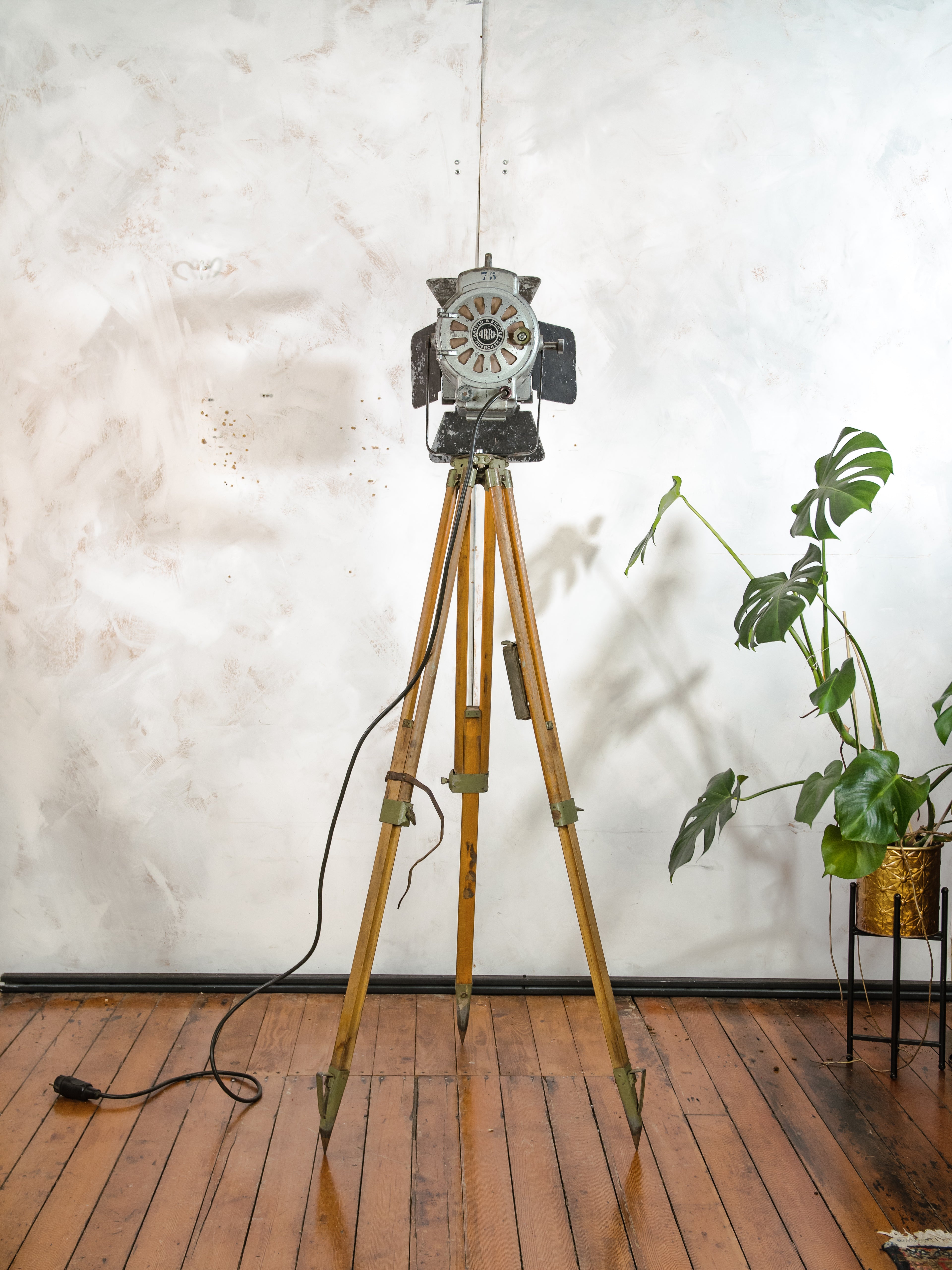 1950s Film Spotlight by ARRI, Arnold & Richter with Barndoors, Vintage Video lighting on Surveying Tripod, Patina Floor lamp