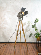 1950s Film Spotlight by ARRI, Arnold & Richter with Barndoors, Vintage Video lighting on Surveying Tripod, Patina Floor lamp