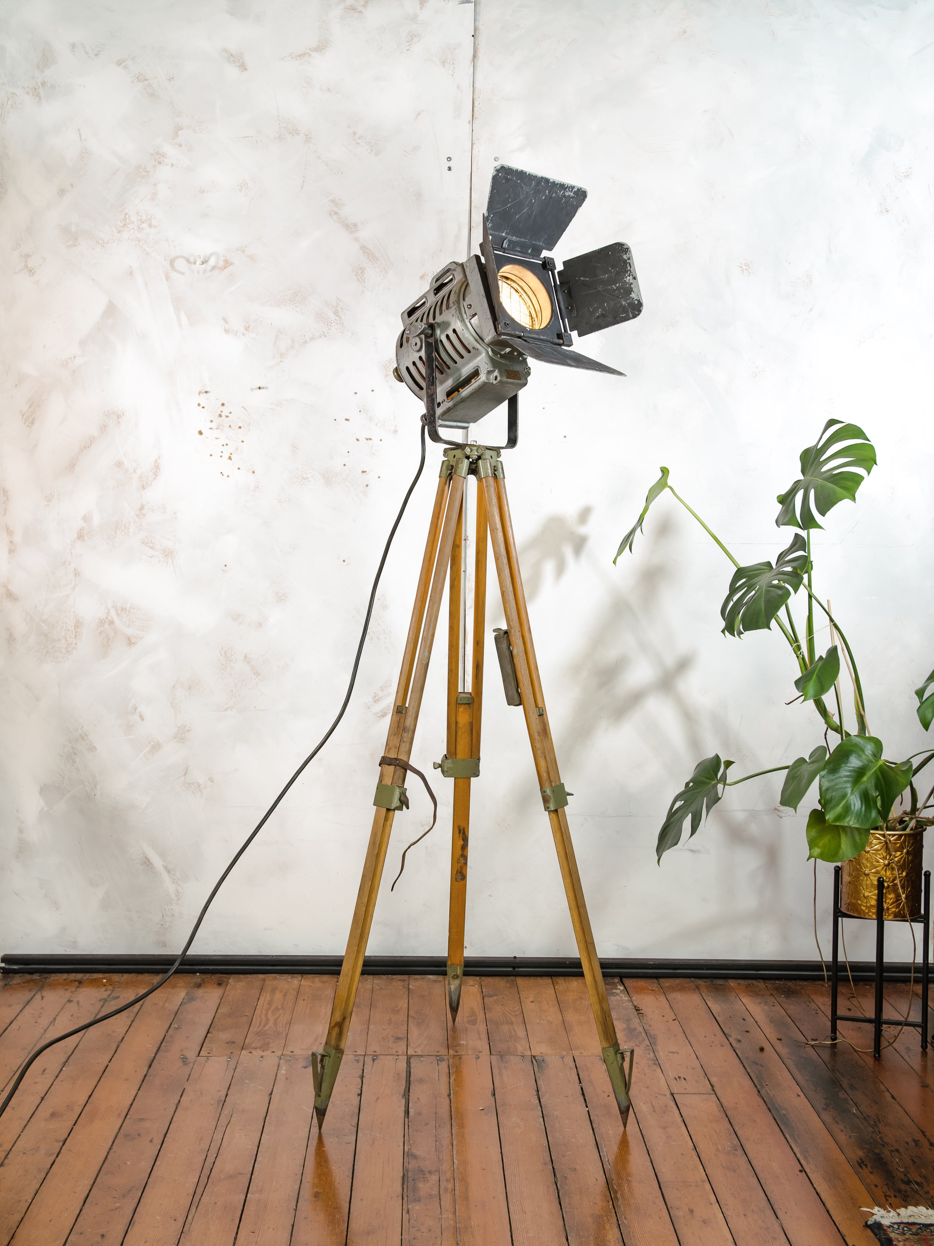 1950s Film Spotlight by ARRI, Arnold & Richter with Barndoors, Vintage Video lighting on Surveying Tripod, Patina Floor lamp