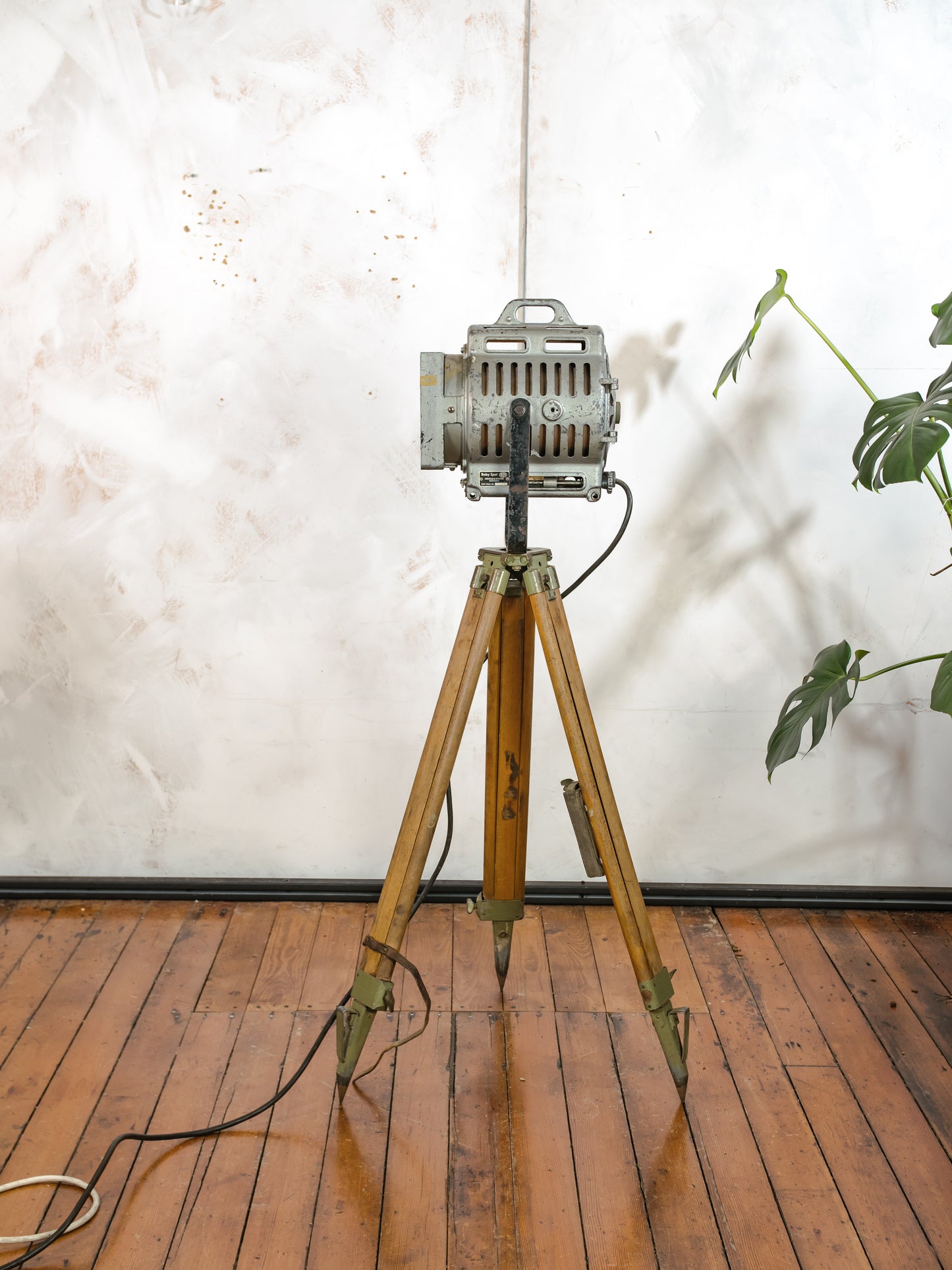 1950s Film Spotlight by ARRI, Arnold & Richter with Barndoors, Vintage Video lighting on Surveying Tripod, Patina Floor lamp