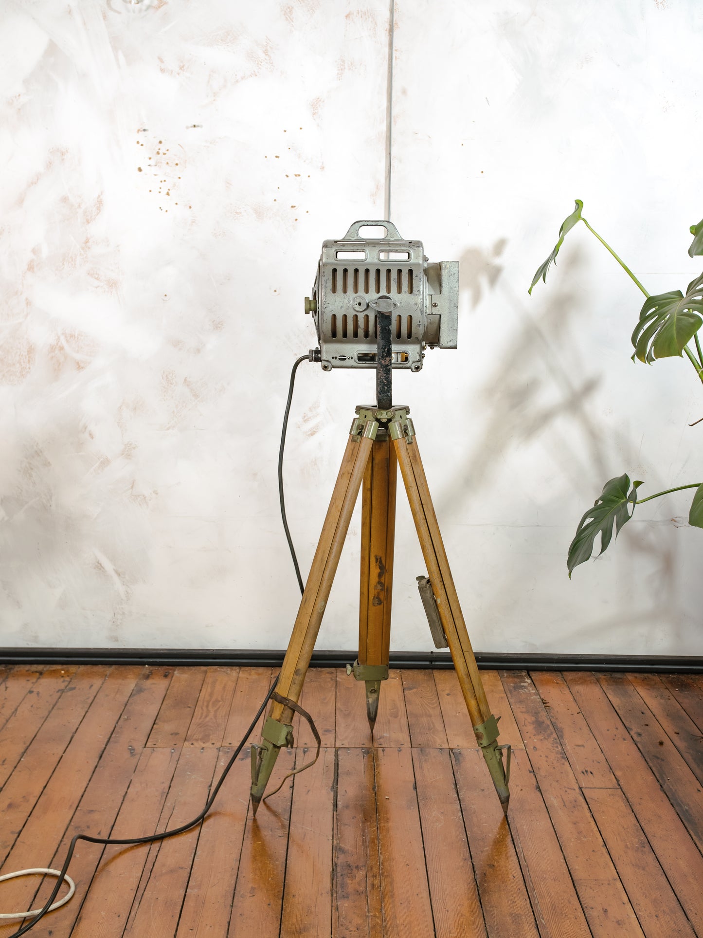 1950s Film Spotlight by ARRI, Arnold & Richter with Barndoors, Vintage Video lighting on Surveying Tripod, Patina Floor lamp