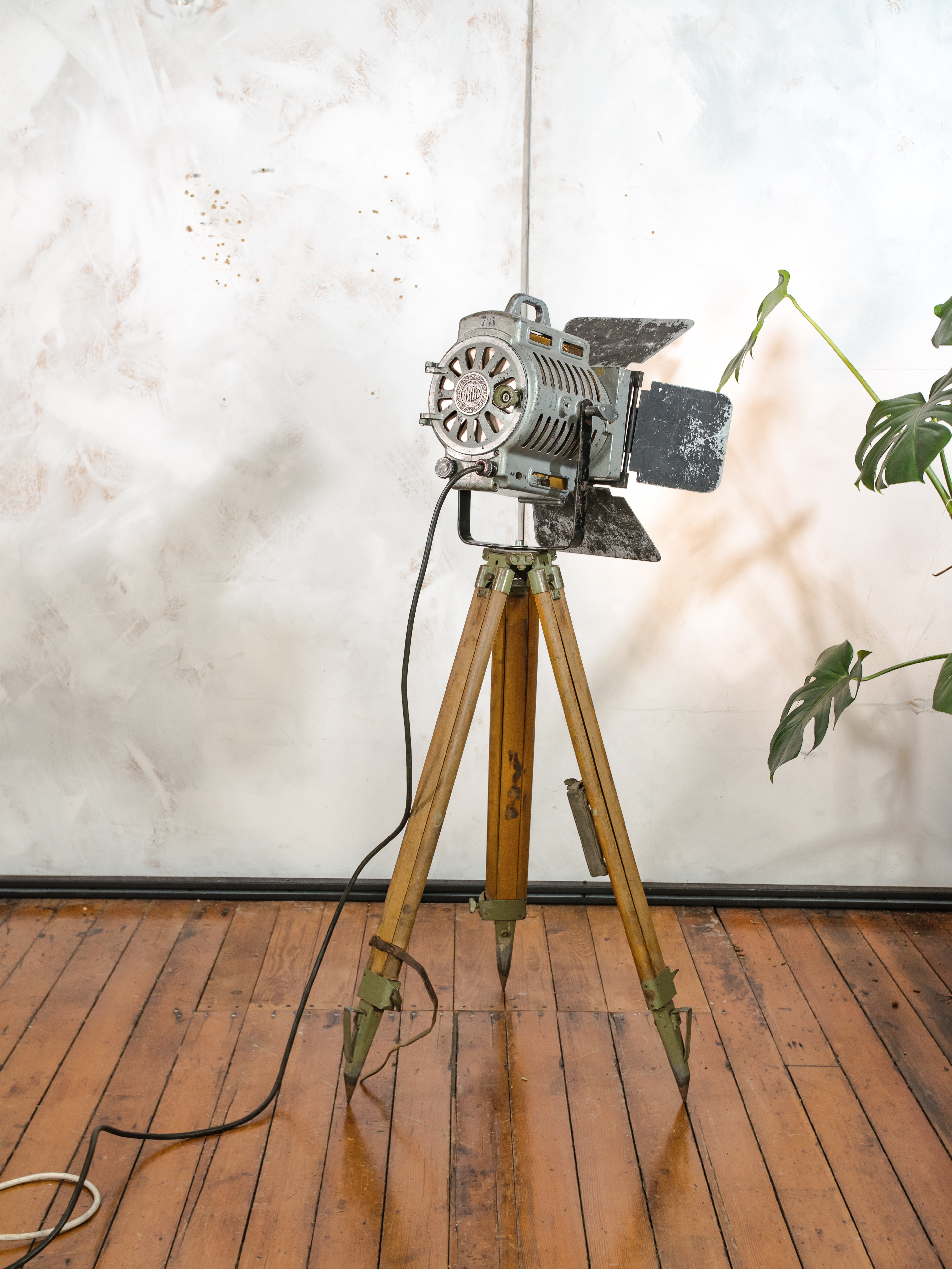 1950s Film Spotlight by ARRI, Arnold & Richter with Barndoors, Vintage Video lighting on Surveying Tripod, Patina Floor lamp