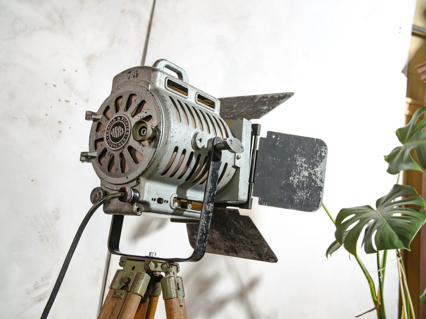 1950s Film Spotlight by ARRI, Arnold & Richter with Barndoors, Vintage Video lighting on Surveying Tripod, Patina Floor lamp