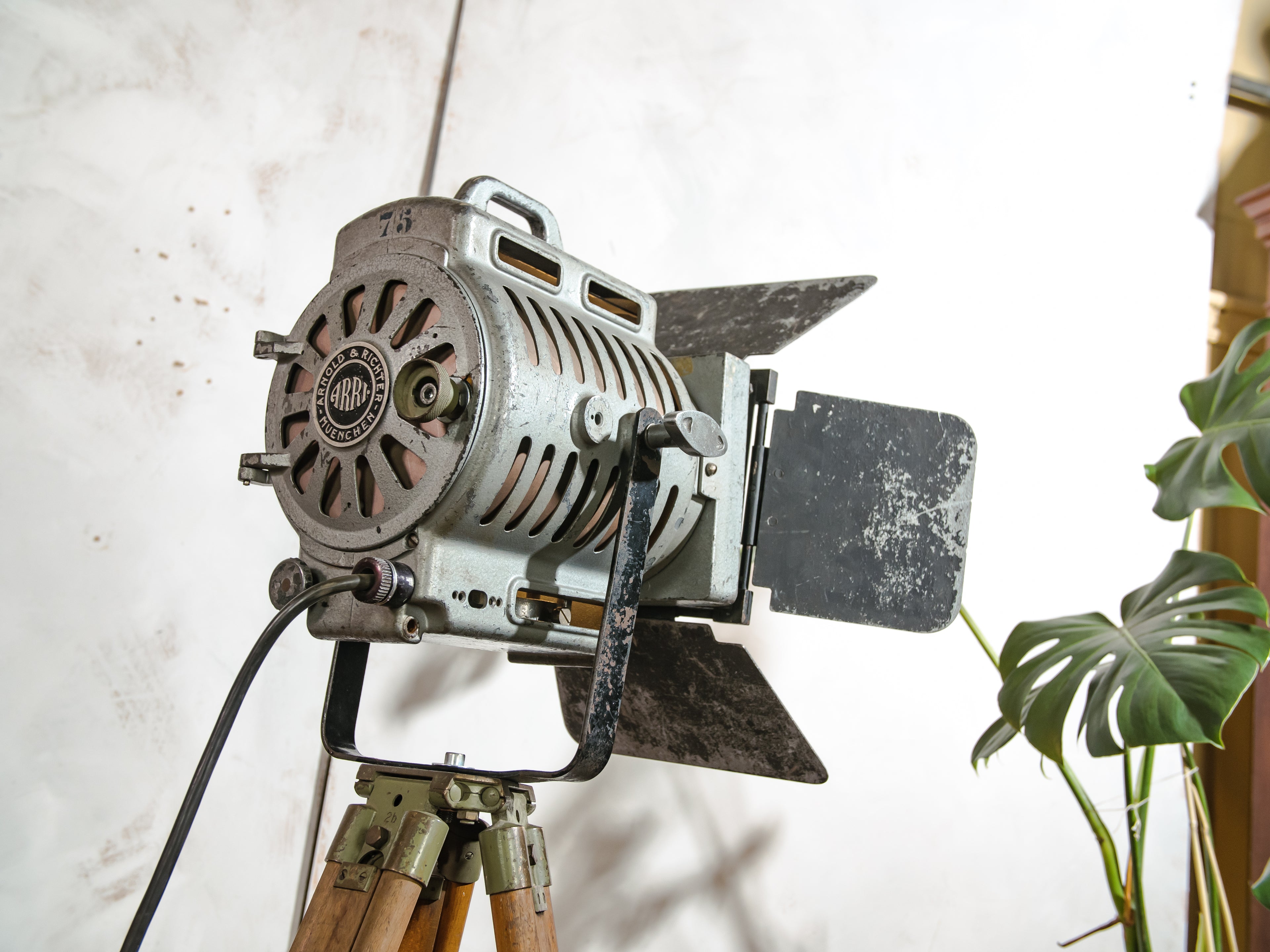 1950s Film Spotlight by ARRI, Arnold & Richter with Barndoors, Vintage Video lighting on Surveying Tripod, Patina Floor lamp
