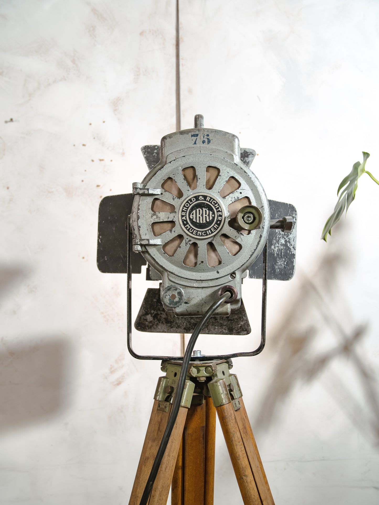 1950s Film Spotlight by ARRI, Arnold & Richter with Barndoors, Vintage Video lighting on Surveying Tripod, Patina Floor lamp
