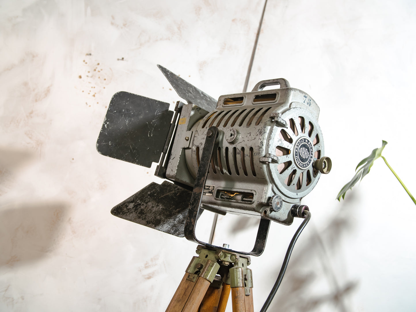 1950s Film Spotlight by ARRI, Arnold & Richter with Barndoors, Vintage Video lighting on Surveying Tripod, Patina Floor lamp